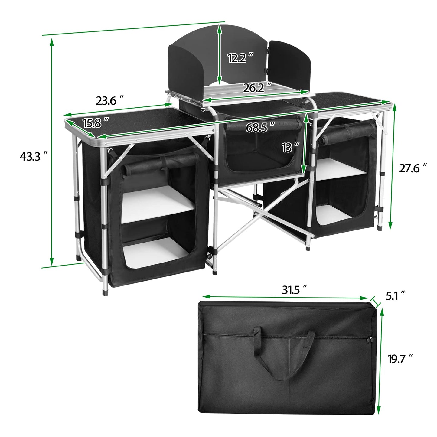 CampLand Folding Camping Kitchen Table with Windscreen,Portable Outdoor Cooking Station with Storage Cabinet & Side Tables Heavy Duty Camp Cook Station for Camping & BBQ (Black3cabinet)