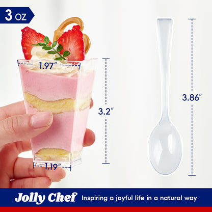 JOLLY CHEF 100 Pack 3 oz Square Mini Dessert Cups with Spoons, Clear Plastic Parfait Appetizer Cup, Small Plastic Dessert Serving Bowl for Tasting Party