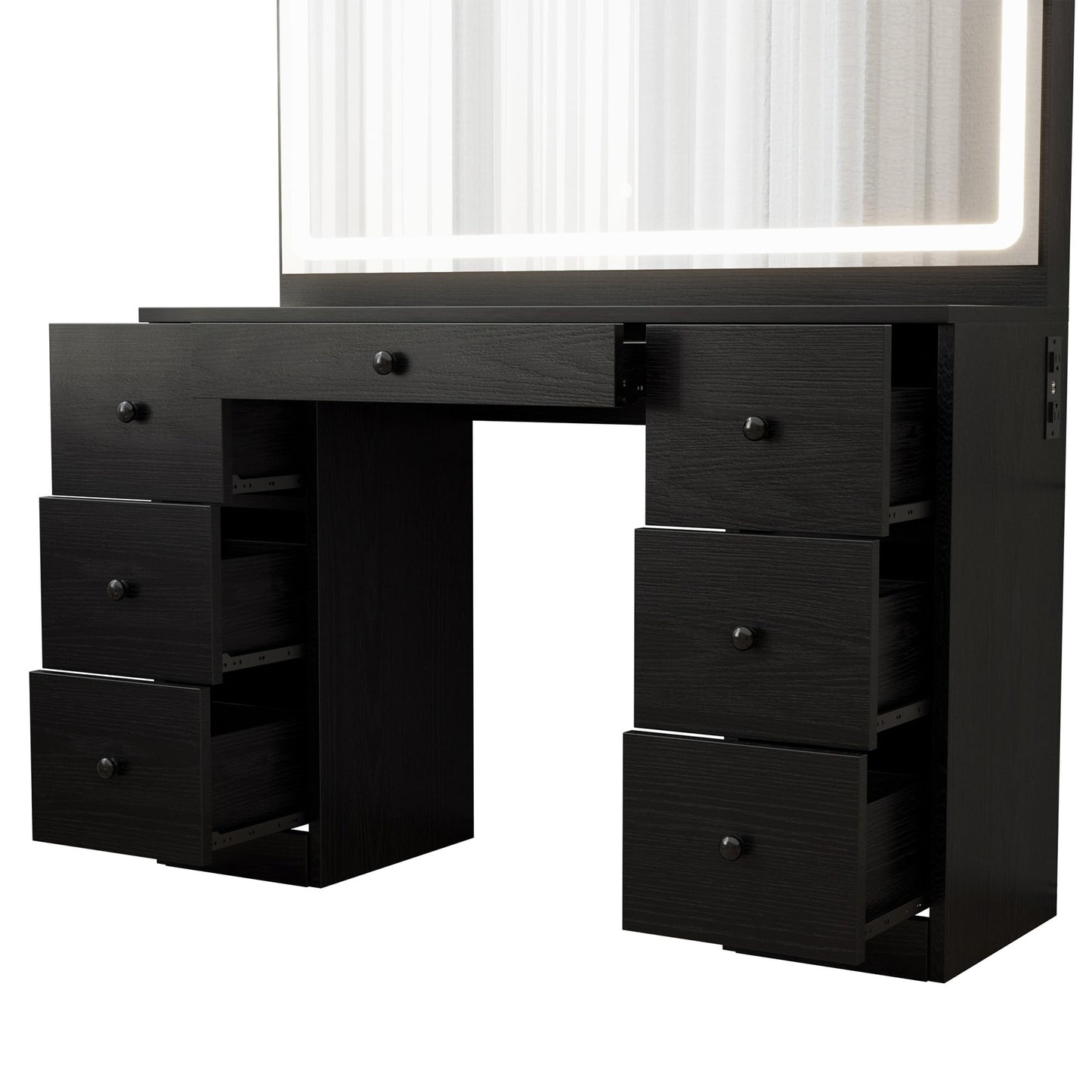 IRONCK Vanity Makeup Desk Set with LED Lighted Mirror & Power Outlet, 7 Drawers Bedroom Vanities Table with Stool,Black