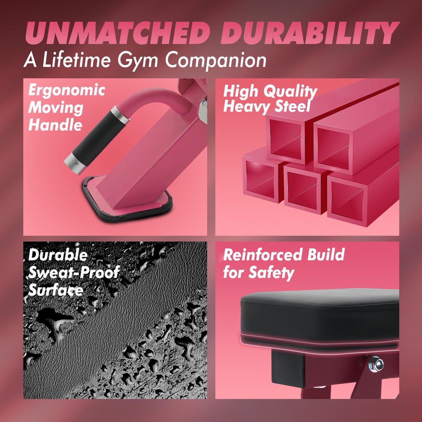 RITFIT Adjustable Weight Bench with Multiple Back Positions for Full Body Workouts, Incline, Decline, and Flat Settings for Home Gym Strength Training, 1300LB Capacity (Pink,with 2x5lb round dumbbells)