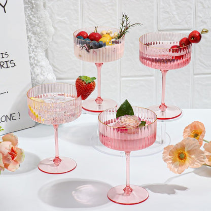 HKSZEH 12 PCS Ribbed Coupe Glasses Pink Plastic Champagne Coupe Cup 10oz Detachable Gold Rim Espresso Martini Glass Vintage Margarita Glassware Cocktail Glass for Wedding Bachelorette Party