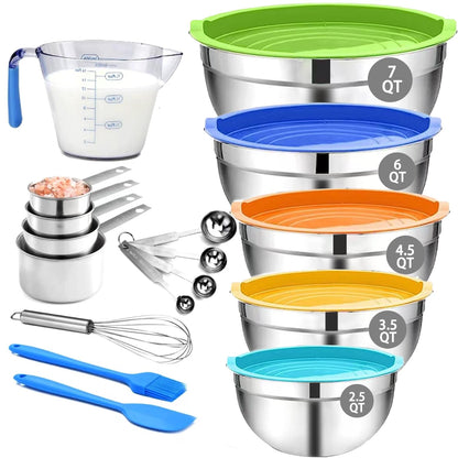 MIKULA Mixing Bowls Set, 22PCS Large Stainless Steel Mixing Bowl with Lids Set, Large Nesting Bowls 7/6/4.5/3.5/2.5QT, Measuring Cups and Spoons Baking Storage Metal Bowl for Kitchen Prep Supplies