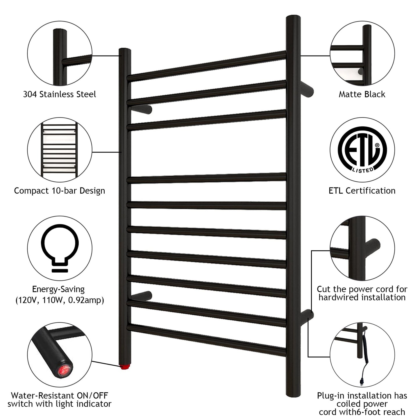 HEATGENE Towel Warmer Wall-Mounted Hardwired Heated Towel Rack Hot Towel Bar Brushed