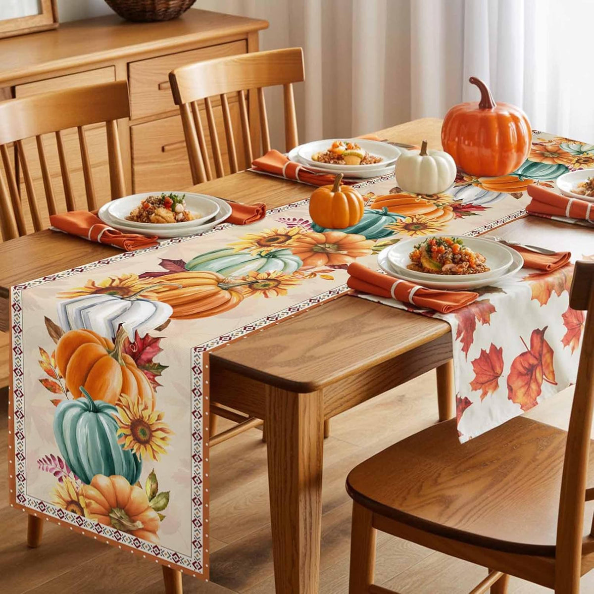 LooPoP 13x36 Inches Thanksgiving Fall Pumpkin Table Runners Maple Leaf Orange Lattice Long Washable Table Runner