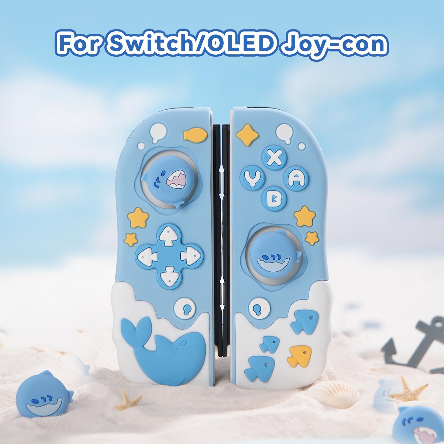 GeekShare Protective Case for Switch Joy Con Controllers,Soft Silicone Protective Cover with 2 Thumb Grips Compatible with Switch/OLED Joy Cons - Shark Party