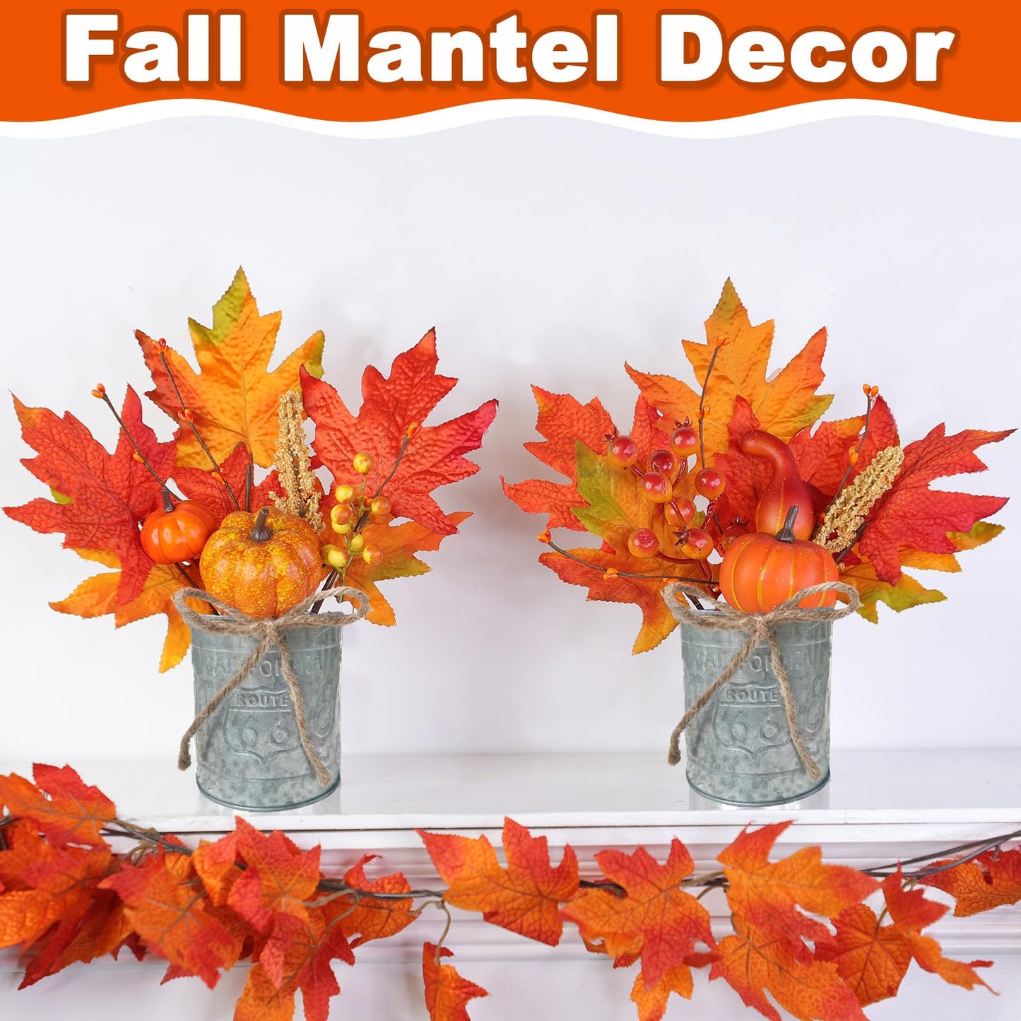 2 Pack 12 Inch Thanksgiving Decorations Fall Centerpieces for Tables Thanksgiving Table Decor Fall Arrangements Maples Leave Pumpkin Berried Wheat Realistic Moss in Metal Pots for Home Kitchen Table