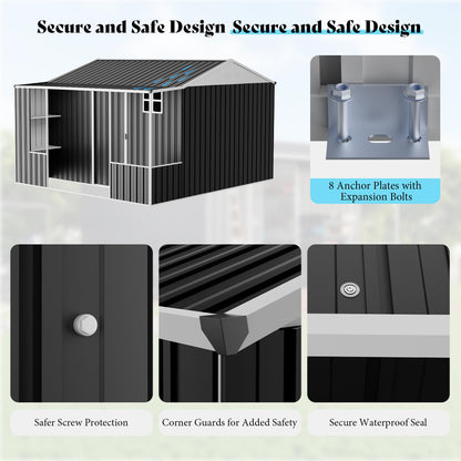 VanAcc 10×10.5×7 FT Metal Storage Shed, Dual-Zone Tool Shed with Work Area, Reinforced Frame, Gable Roof, Ventilated Design, Dark Grey
