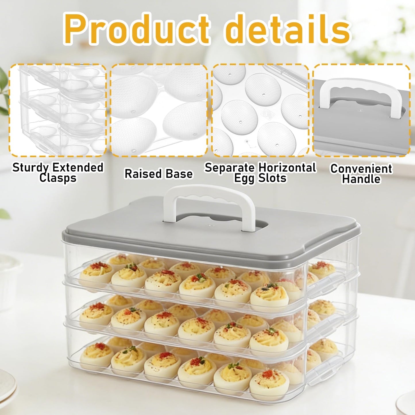 BOUTICOL 3-Layer Deviled Egg Container with Lid and Handle, Clear Plastic Deviled Egg Carrier Storage 72 Eggs, Portable Stackable Eggs Holder Platter for Easter, Thanksgiving Day, Party, Picnic