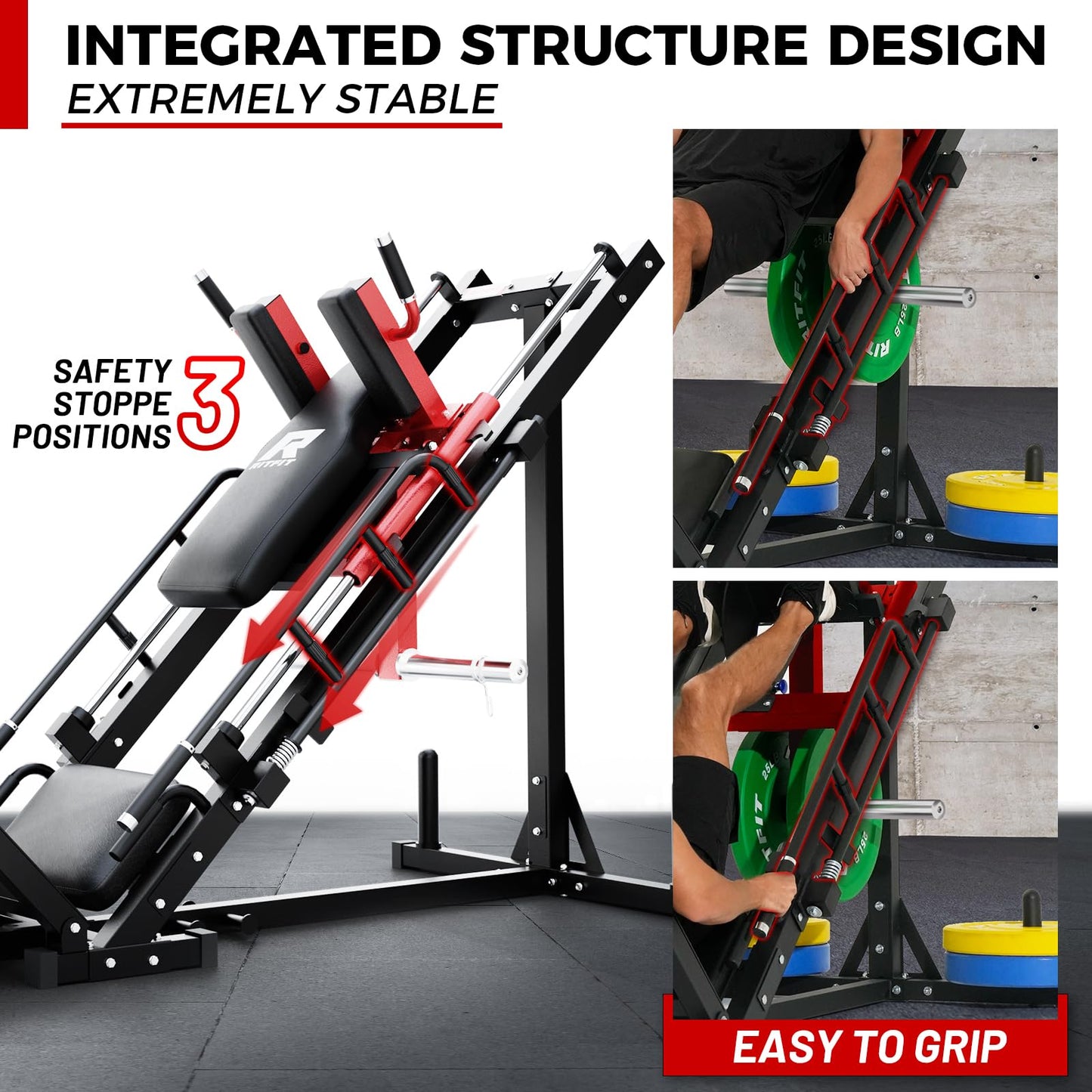 RitFit Leg Press Hack Squat Machine, Professional Adjustable Leg Press Machine for Home Gym with Linear Bearing, Full Lower Body Workout with Weight Storage (Red,with Pull up Band)