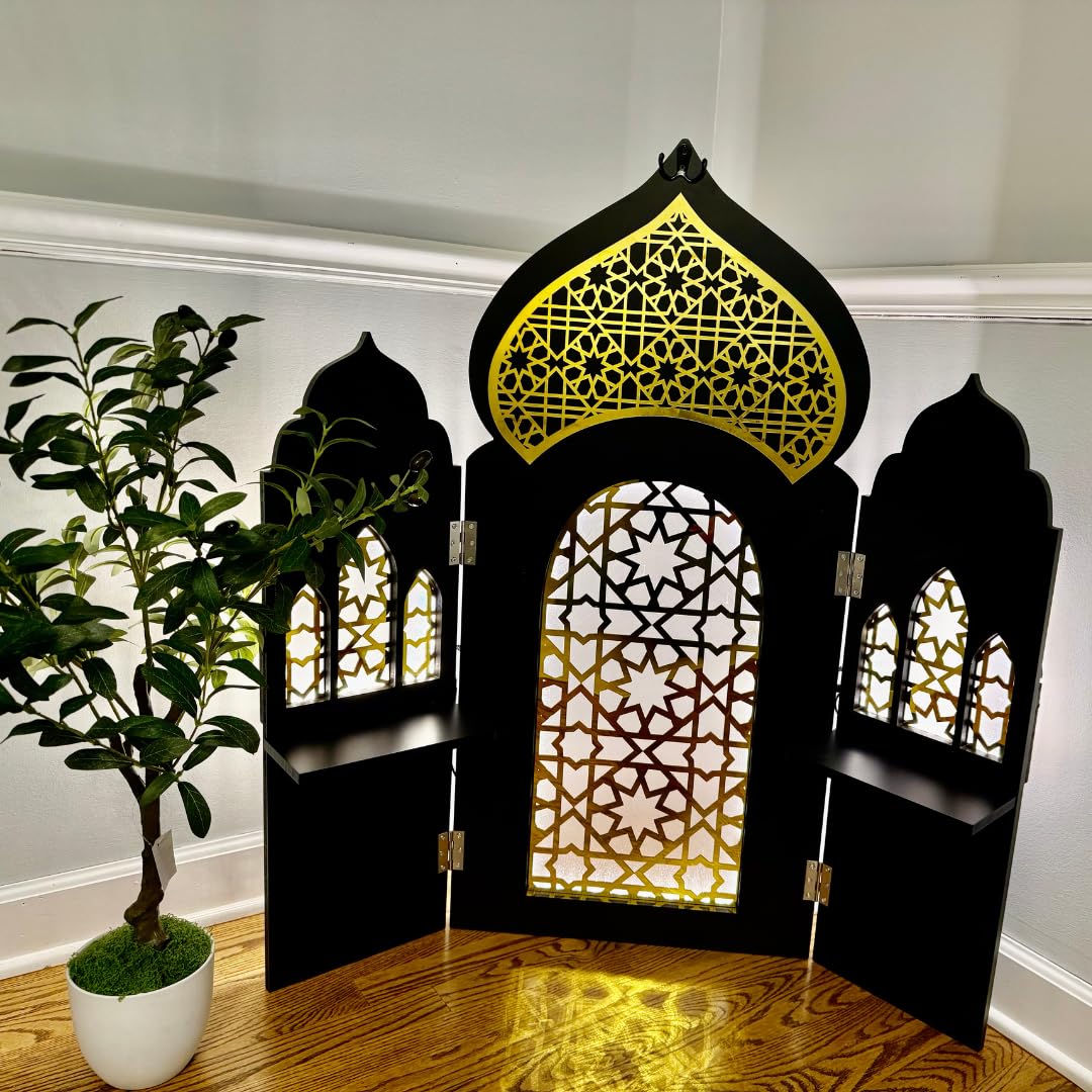 3 Panel Room Divider Folding Privacy Freestanding Partition Portable Wall for Prayer Room Privacy Screen Islamic Theme Room Divider Wood 3ft Ramadan Decorations 39.5"x38.5" (Black Gates)