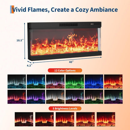 Fireplace TV Stand with 3-Sided Glass, Adjustable LED Flame, 12 Flame and Log Colors, Glass Doors and Storage Shelves, Modern Farmhouse Electric Fireplace Entertainment Center for TVs Up to 85"