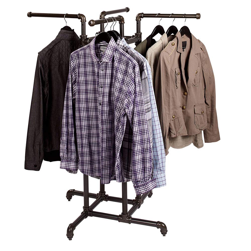 SSWBasics Heavy Duty Adjustable Pipe 4-Way Clothing Display Rack - Retail Clothing Rack with Straight Arms - Durable and Sturdy Clothing Display Stand for Garments - Sleek Space Saving Design for