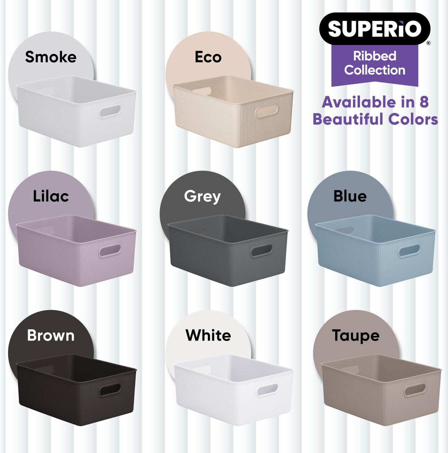 Superio Ribbed Collection - Large White Decorative Plastic Open Storage Bins, 2 Pack for Organizing