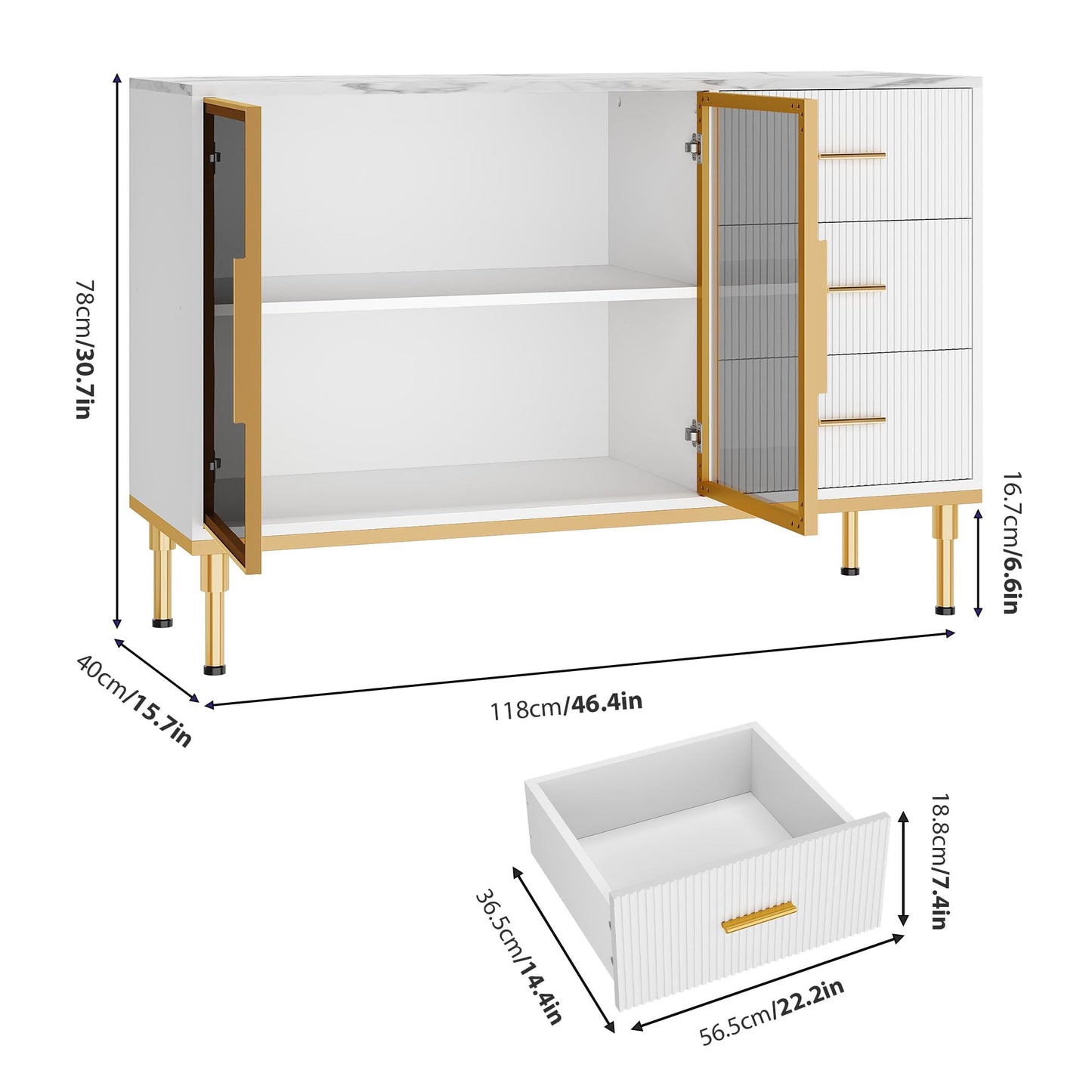 GAOMON Buffet Sideboard Cabinet with Storage, 46.4" Large Fluted Kitchen Sideboard Cabinet with 2 Glass Doors 3 Drawers and Shelves, Faux Marble Top Buffet Table for Dining Room, Living Room, White