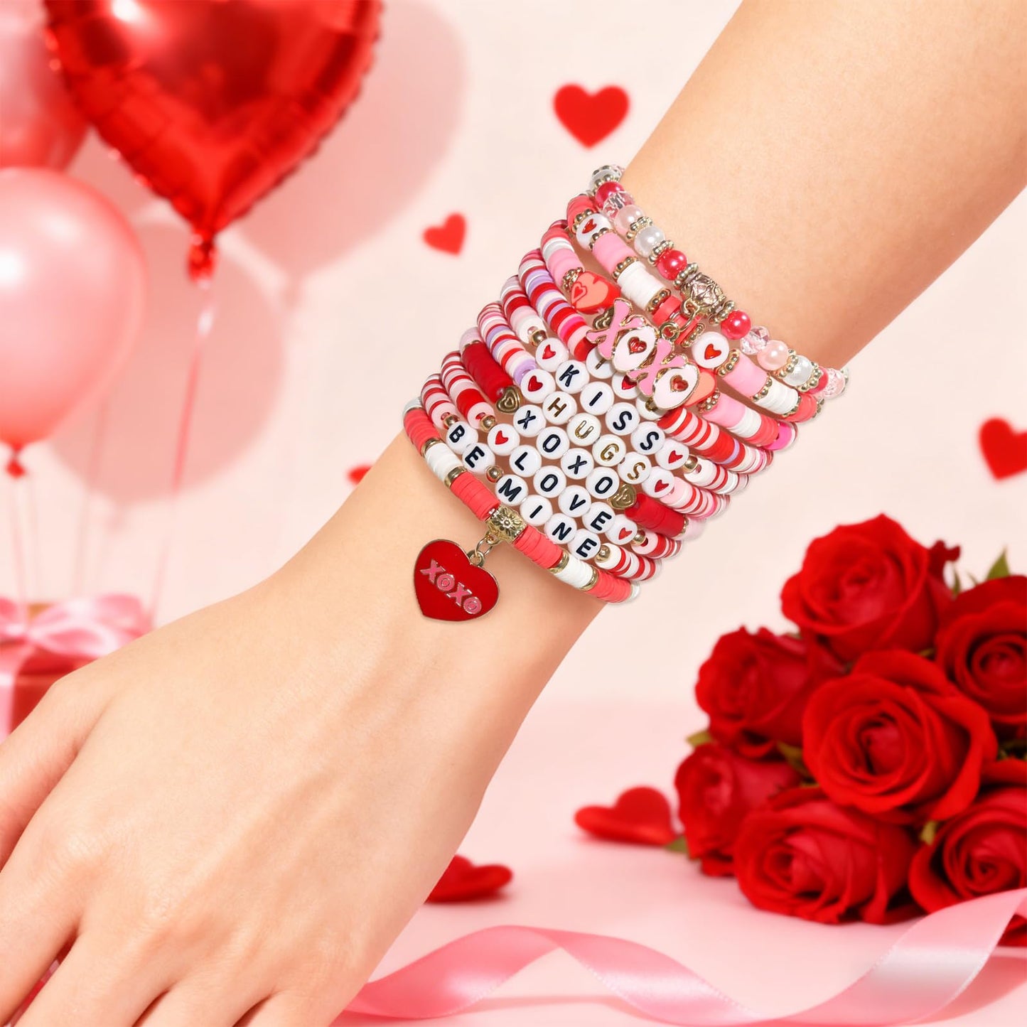 Tinrbip 40 Pcs Valentines Bracelets Kit, Clay Stretch Valentine Bracelets for Women, Cute Love Kiss Heart Friendship Bracelet, Stackable Valentines Day Bracelet Bulk, Valentine's Day Jewelry