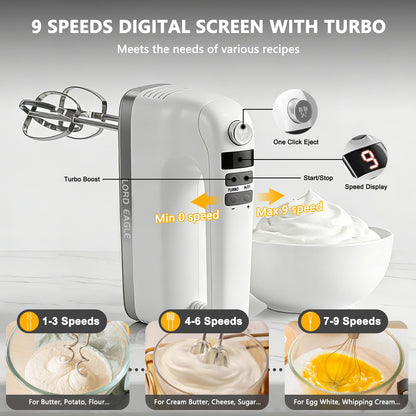 Lord Eagle 9-Speed Digital Hand Mixer Electric Handheld, 500W DC Motor Kitchen Mixer for Cake Baking, Lightweight Egg Beaters with Stain-resistant & Waterproof Storage Bag & 6 Accessories