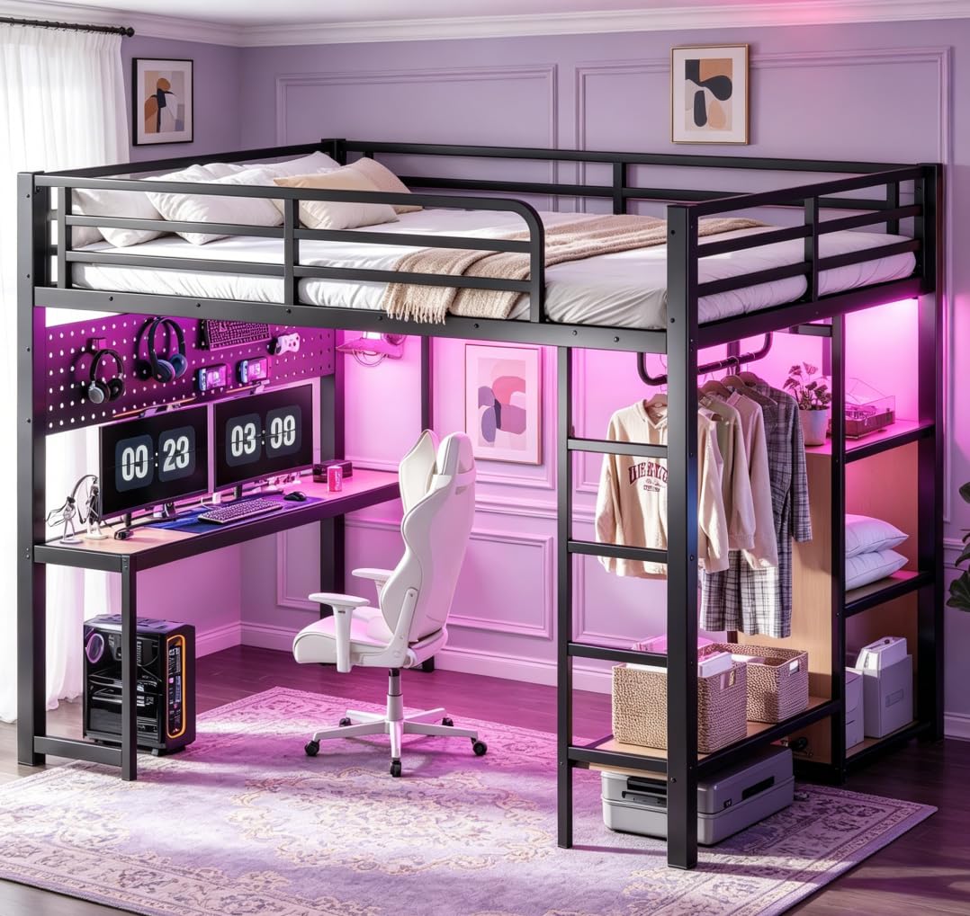 Bellemave Queen Size Loft Bed with Desk,with USB Ports, Lights, and Hanging Rod, Cave Board Design, Metal Queen Loft Bed Frame for Adults, Kids, Teens, Black