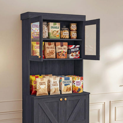 71" Black Farmhouse Kitchen Pantry Cabinet Set of 4— Freestanding Coffee Bar with Glass Doors or Drawers, Microwave Stand, Large Storage Hutch with Adjustable Shelves for Kitchen, Living Room