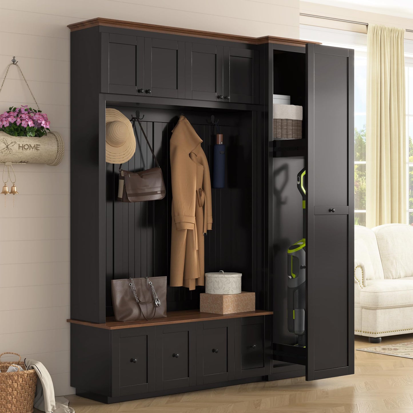 Shaical Hall Tree with Bench and Pull-Out Storage, 5-in-1 Entryway Shoe Bench with Coat Rack & 4 Drawers 2 Cabinets 4 Hooks, 78.7''H Wooden Storage Organizer for Hallway, Mudroom, Entrance, Black