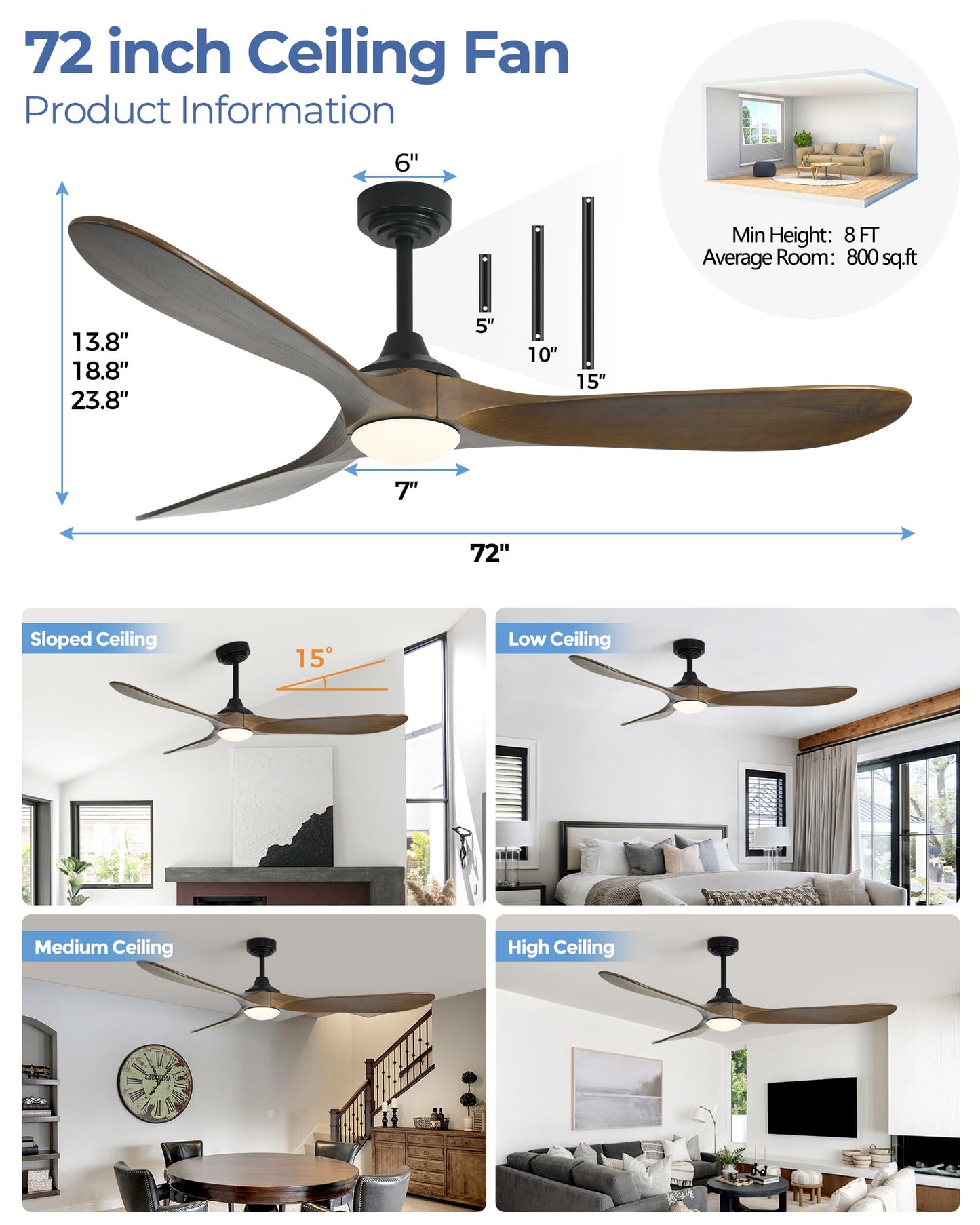 Ombrin 72 inch Outdoor Ceiling Fans with Lights,Smart Wood Large Ceiling Fan for Alexa,Google & APP Control,Indoor/Outdoor,3 Blades,3CCT Dimmable,Bronze Walnut,Downrod Mount for Patio Porch