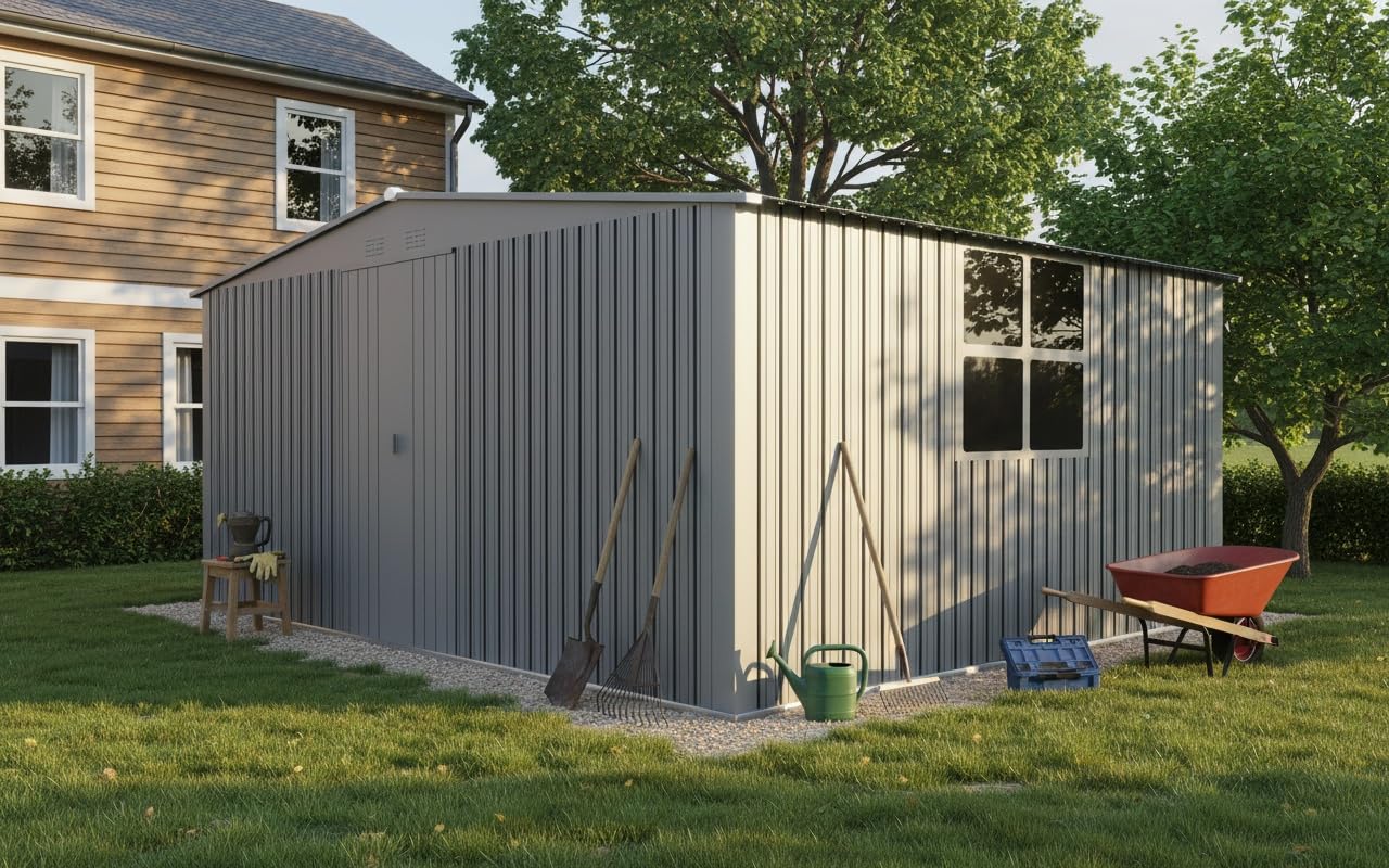 YOPTO 11x13 FT Outdoor Storage Shed,Metal Waterproof Tool House with Firewood Shed and 2 Integrated Punched Vents,2-in-1 Garden Storager Apex Roof Shelter w/Window & Door for Wood,Bicycles,Grey
