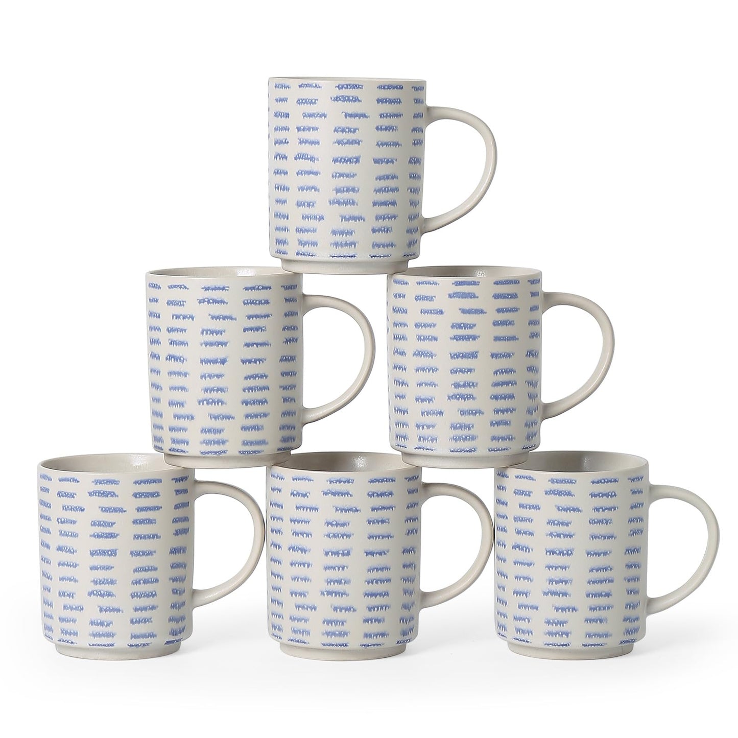 ALOFMO Coffee Mugs Set of 6, 17oz Ceramic Mugs with Handpainted Blue Gray Stripe Pattern, Modern Stackable Coffee Cups, Dishwasher and Microwave Safe Mugs for Home & Office