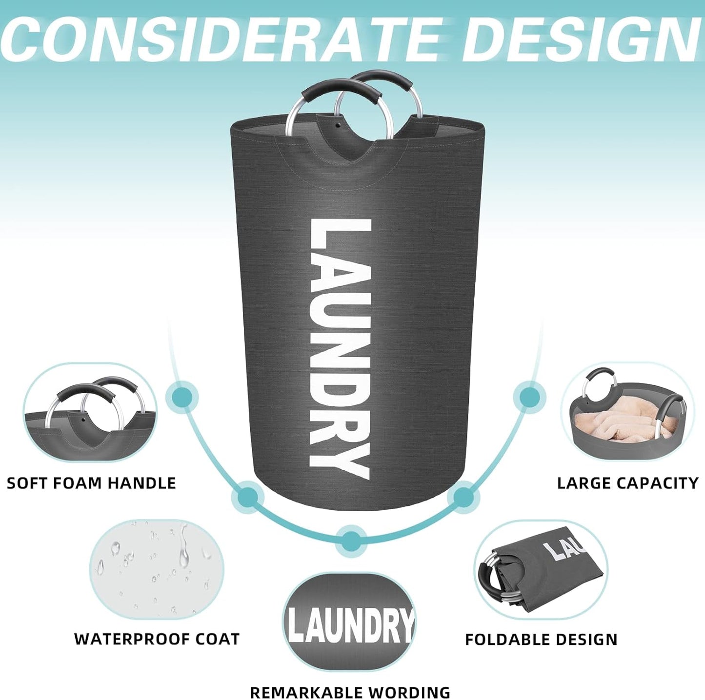 StorageRight 115L Large Laundry Basket, Collapsible Waterproof Hamper with Foam Protected Aluminum Handles (Grey)