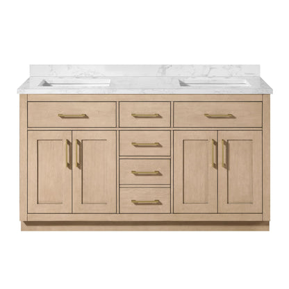 OVE Decors Athea 60 in. Double Sink Freestanding Sahara Birch Bathroom Vanity with White Engineered Marble Top, Matching Backsplash, Power Bar and Brushed Gold Hardware