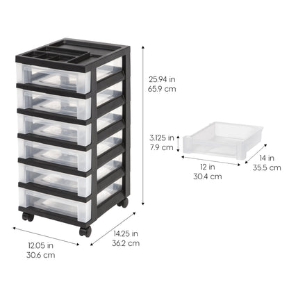 IRIS USA Plastic Drawer Storage Organizer Rolling Cart, with Wheels Casters, 6-Drawers, for Classroom Art Craft Supplies Dresser Closet Bathroom Laundry Room, Black/Clear
