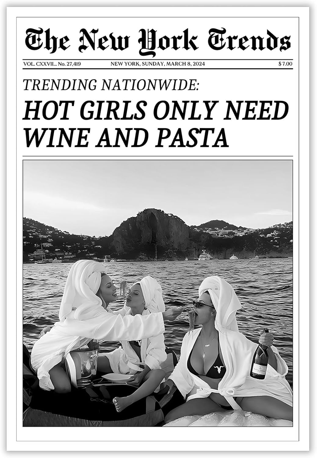 FBKDVC 24x36in Vintage Trendy Black And White Newspaper Print Poster Retro Times Canvas Wall Art Funky Hot Girls Eating