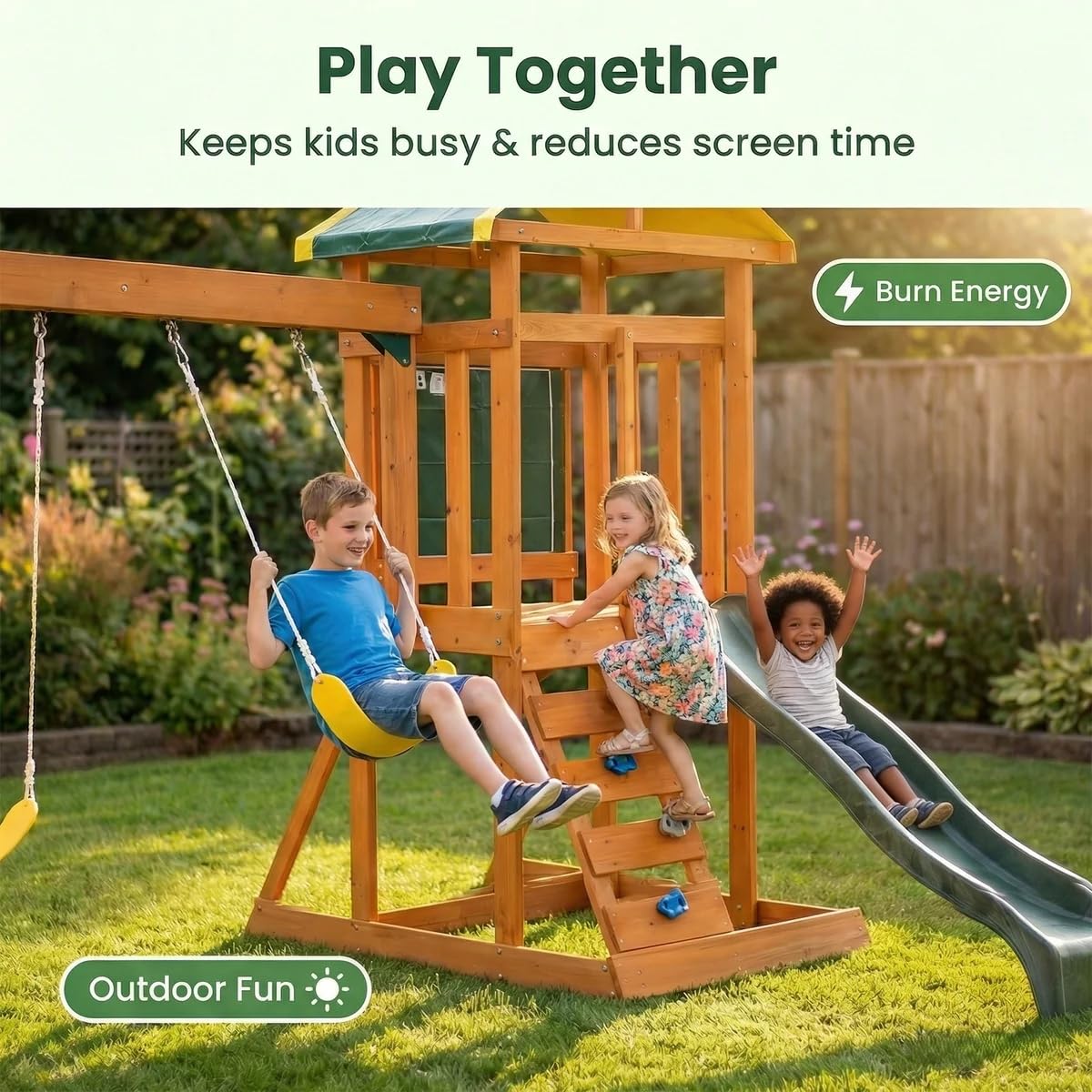 AkiiGer Cedar Wooden Backyard Playset with Swings, Wave Slide, Rock Wall Ladder, Sandbox Chalkboard & Canopy Roof, Outdoor Swing Set