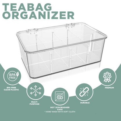 Utopia Home - Tea Bag Organizer With Lids, (1 Pack) Clear Pantry Storage Box - Stackable Partition Organizers or Holder With Lids For Drawers, Countertops, Fridge, Kitchen, Snack & Spice Organization