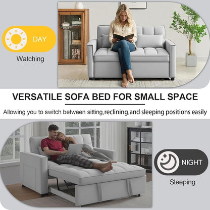 Trygoal 3-in-1 Sofa Bed, 53" Pull-Out Sleeper Sofa Bed with 3-Level Adjustable Backrest, Velvet Fabric Loveseat Sleeper Couch for Living Room & Bedroom & Apartment & Dorm Furniture, Light Gray