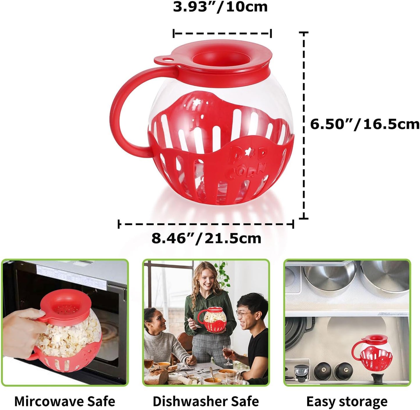 MMUGOOLER Glass Microwave Popcorn Popper, 2.25QT Original Popcorn Jar with Silicone Lid, BPA Free