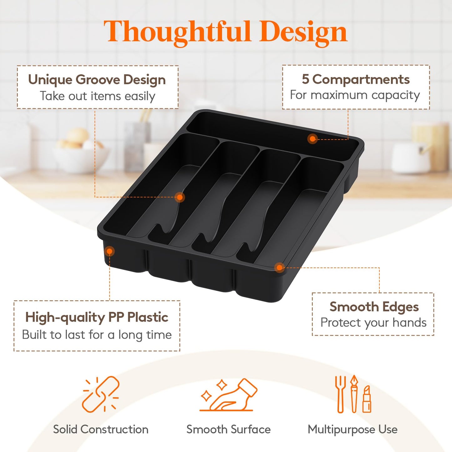 Lifewit Silverware Organizer with Lid, Covered Utensil Tray for Kitchen Drawer and Countertop, Plastic Cutlery and Flatware Storage Box for Spoons Forks Knives Holder Case, 6 Compartments, Black