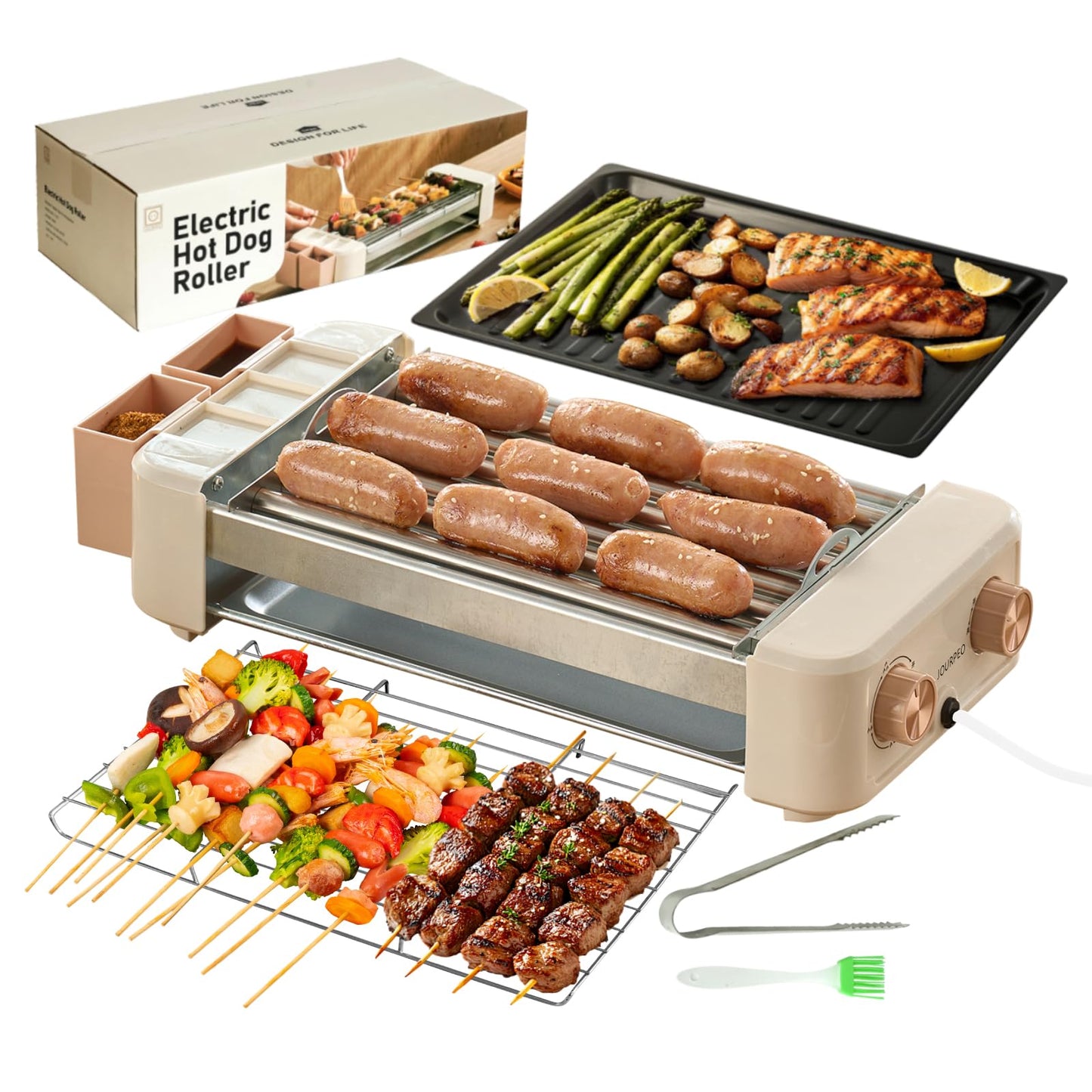 Hot Dog Roller, 3 in 1 Hot Dog Machine 6 Rollers, 3-Speed Control Hotdog Roller Grill 5ft Cord, Non-Stick Removable Grilling & BBQ Plates, for Family Gatherings & Outdoor BBQ