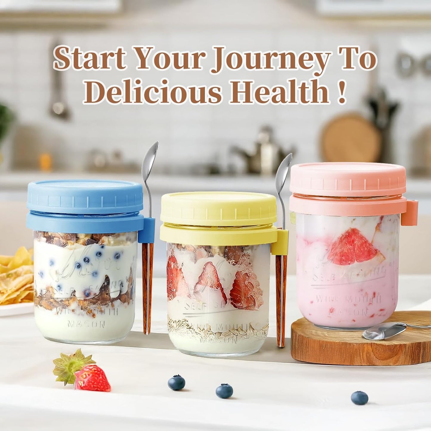 AsstarJTK 6 Pack 16 Oz Overnight Oats Containers with Lids and Spoons - Glass Mason Jars for Overnight Oats Airtight