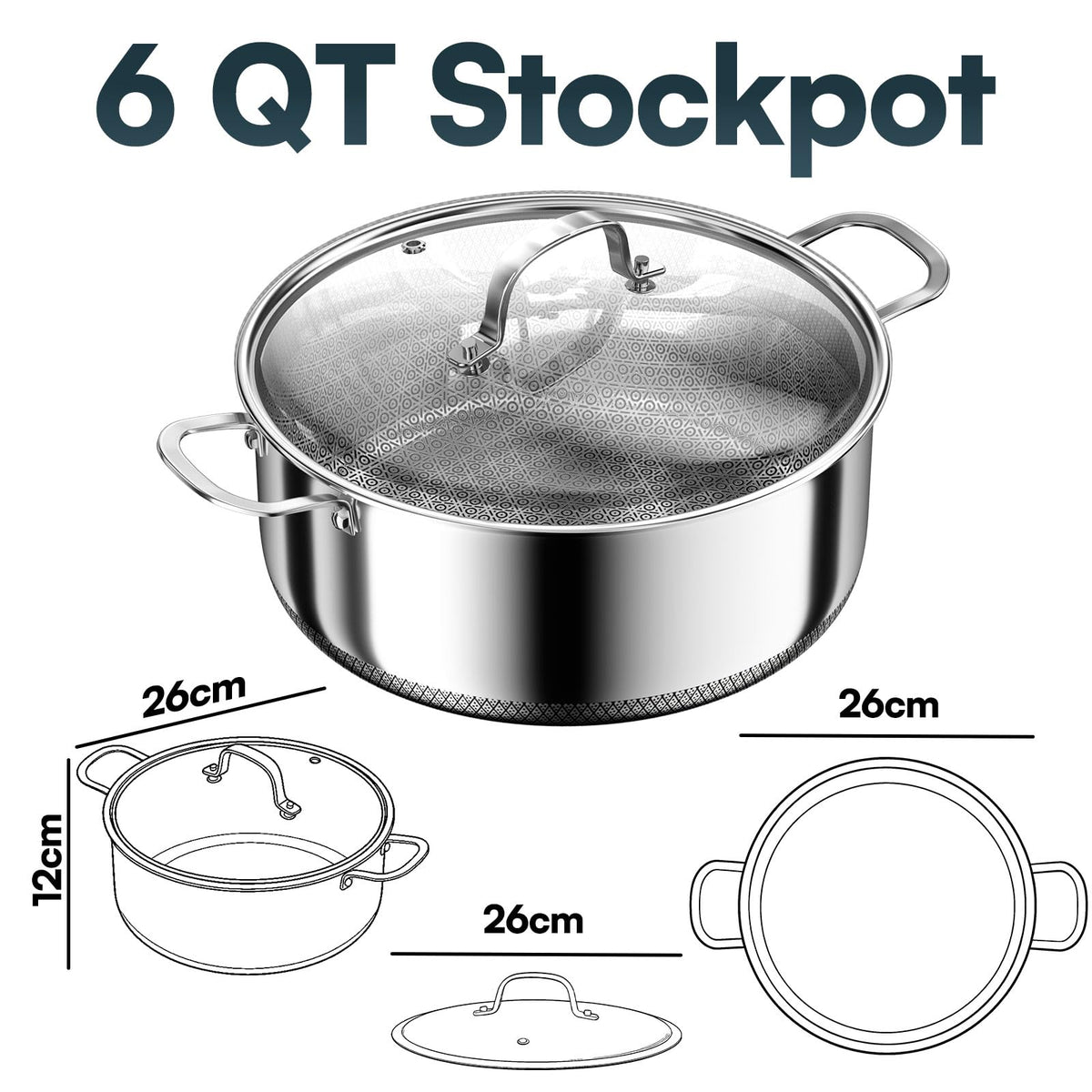 6 QT Stainless Steel Stock Pot with Lid, 10-inch Sauce Pan Induction Cookware, PFOA Free 5-Ply Simmer Pot with Non Stick Coating, Dual Ear Handles Cooking Pot Oven & Dishwasher Safe Easy to Clean
