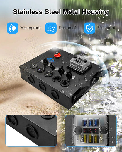 12/24V Control Hub Includes Switches Fuse Box Voltmeter USB Ports Cig Socket, Camping Electrical System Centre for Camper RVs Pickup Trucks 4WD Canopy Caravan, Battery Power Control Box
