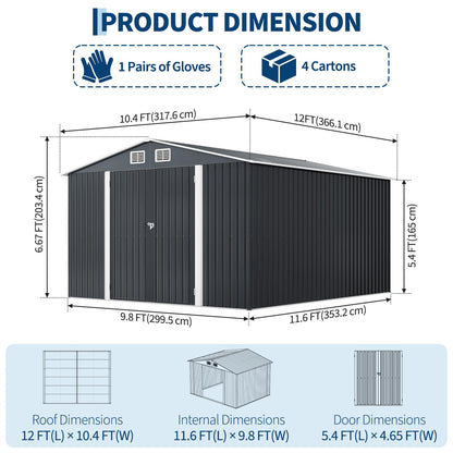 GarveeLife 12 X 10 ft Outdoor Storage Shed, Metal Garden Sheds & Outdoor Storage with Updated Frame Structure, Backyard Garden Terrace Tool Shed for Backyard, Lawn, Patio, Bike Storage, Gray