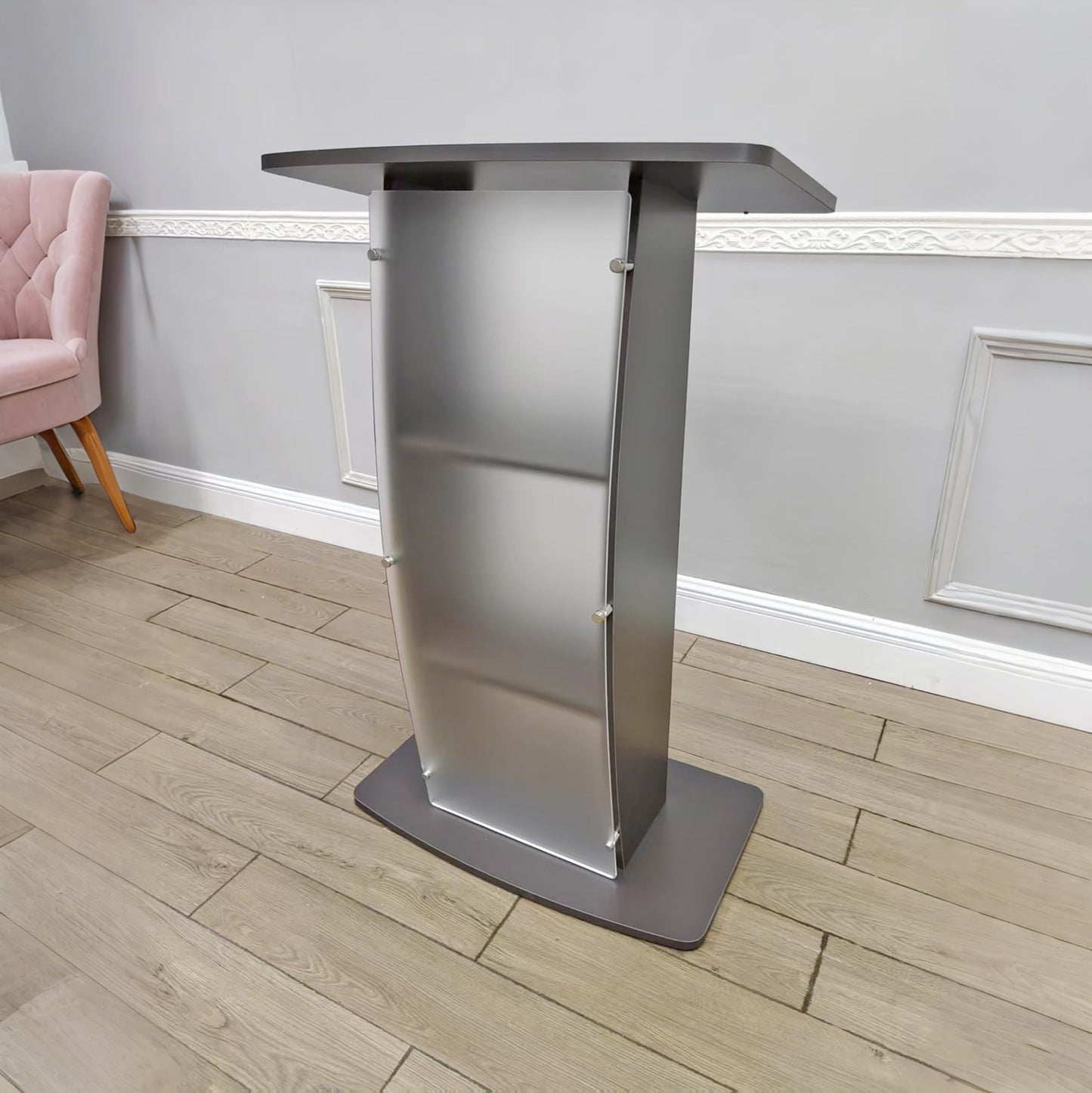 FixtureDisplays® 44.3" Tall Podium for Floor, Curved Frosted Front Acrylic Panel - Dark Grey 19658-GREY