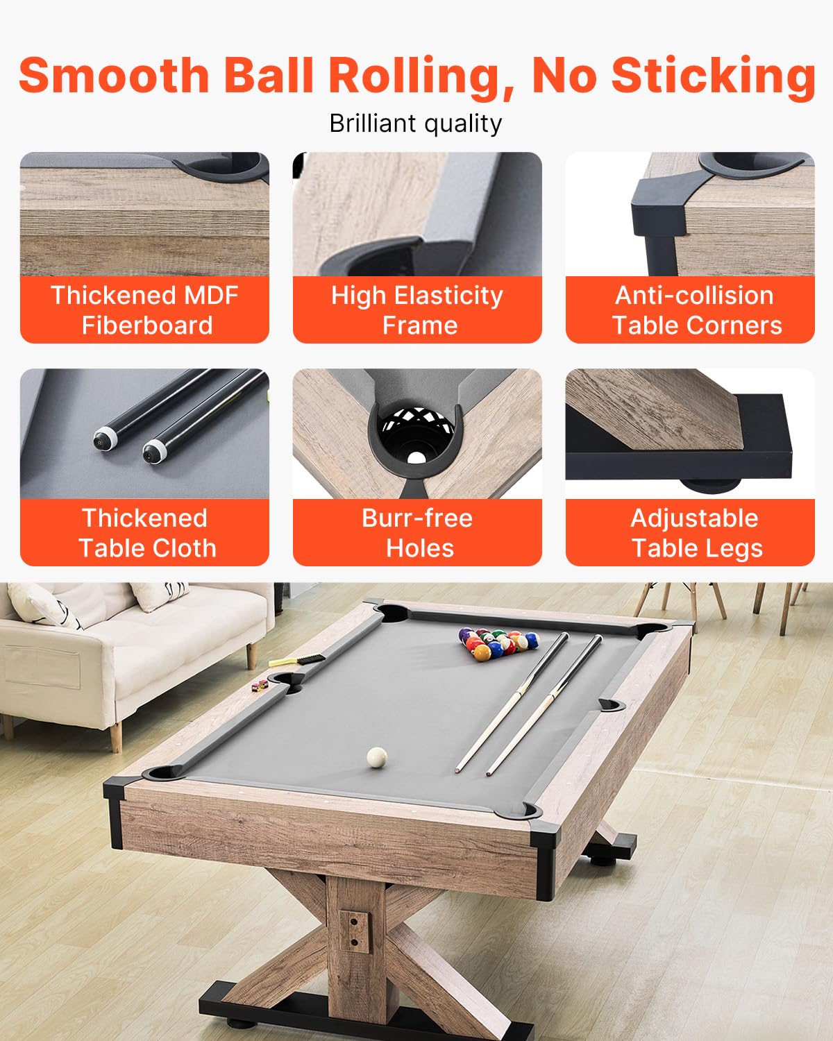 VEVOR 7ft Billiards Table Combo Set, 3-in-1 Multi Game Table with Dining, Pool, and Tennis Table, for Family Game Room Adults, Includes Full Set of Accessories, Wood Color with Grey Cloth