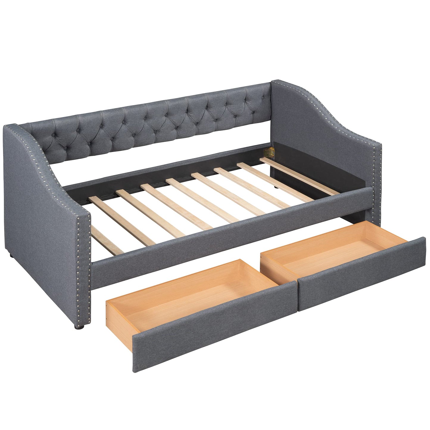 Merax Upholstered Twin Daybed Frame with 2 Storage Drawers, Linen Fabric Wood Sofa Bed, Diamond-Tufted Backrest & Rivets Armrests, Sturdy Wood Slat Support, No Box Spring Needed, Bear 400LBS, Gray