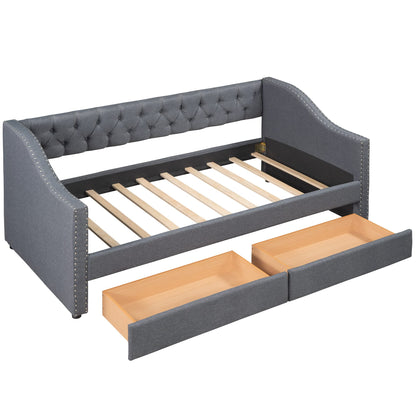Merax Upholstered Twin Daybed Frame with 2 Storage Drawers, Linen Fabric Wood Sofa Bed, Diamond-Tufted Backrest & Rivets Armrests, Sturdy Wood Slat Support, No Box Spring Needed, Bear 400LBS, Gray