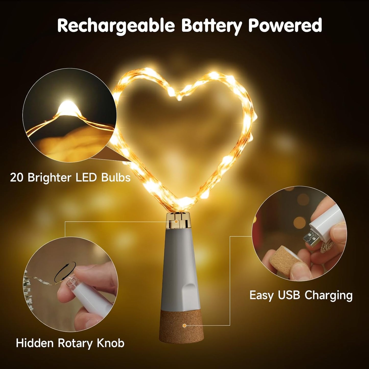 Ceepko 20 2 Pack) USB Bottle Lights Rechargeable Wine Bottle Fairy Lights Cork LED String Lights LEDs Copper Wire