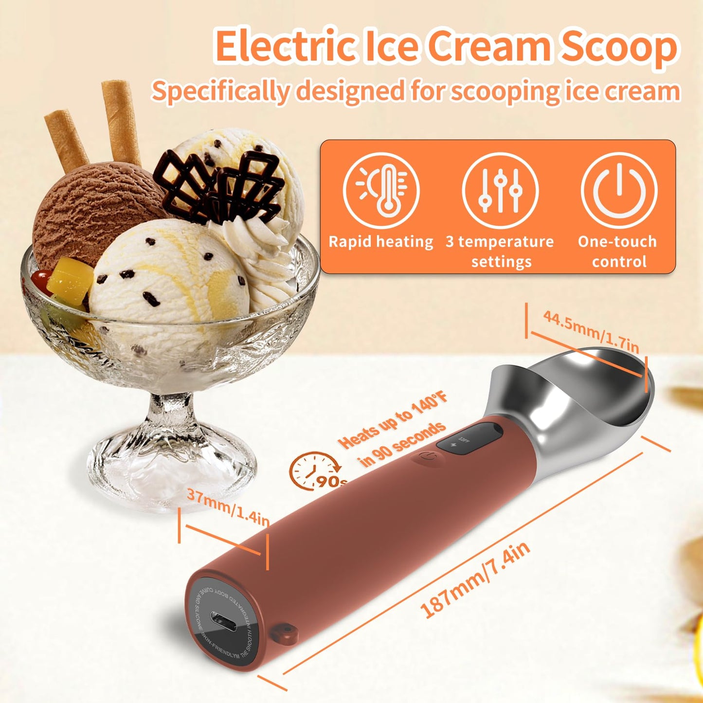 Heated Ice Cream Scoop Rechargeable, IP67 Waterproof Electric Warming Ice Cream Scooper with LED Display, Heats to 70°C for Hard Ice Cream, Easy for Seniors & Kids (Brown)