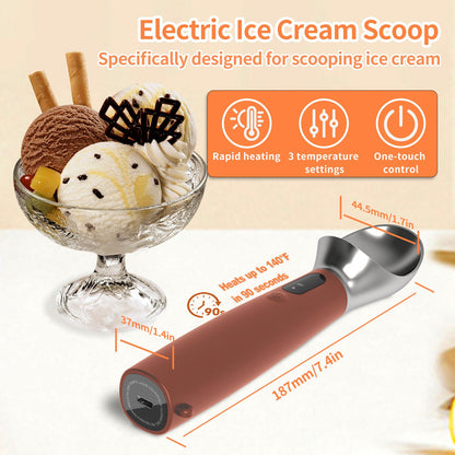 Heated Ice Cream Scoop Rechargeable, IP67 Waterproof Electric Warming Ice Cream Scooper with LED Display, Heats to 70°C for Hard Ice Cream, Easy for Seniors & Kids (Brown)