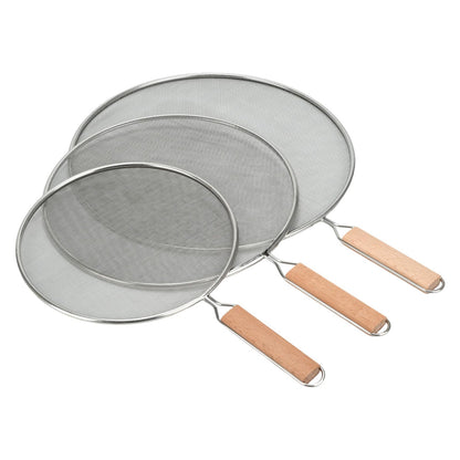 3 Pieces Grease Splatter Screen for Frying Pan, 21/25.5/29cm, with Wooden Handle