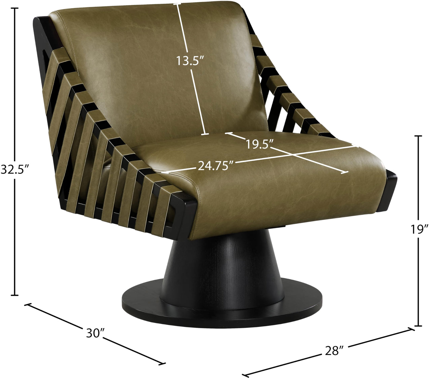 Meridian Furniture 33002Olive Millwin Collection Art Deco Swivel Accent Chair with Rich Olive Green Vegan Leather, Black Finish, Solid Wood Frame and Base, 28" W x 30" D x 32.5" H, Olive
