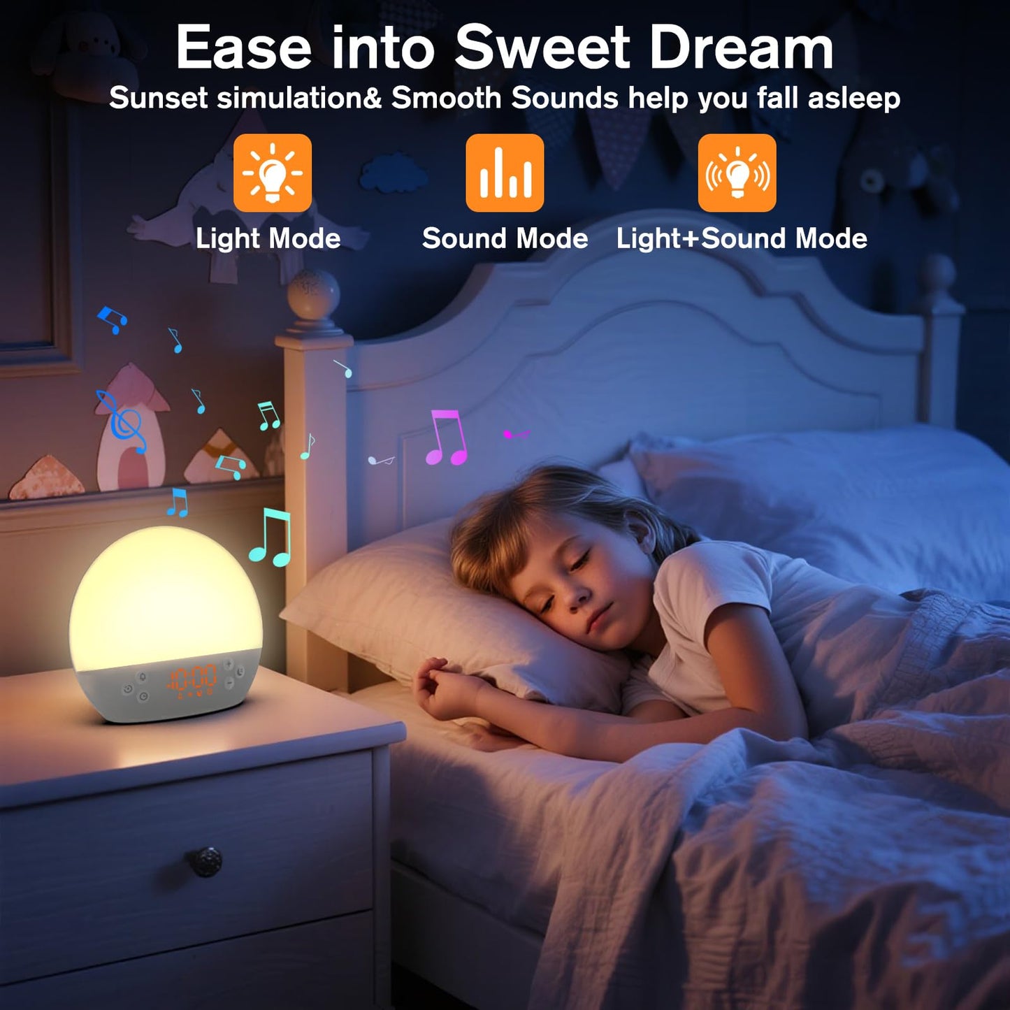 Wake up Light Sunrise Alarm Clock, Digital Alarm Clock Bedside Dimmable Night Light, White Noise Sound Machine 30 Soothing Sounds, Loud Alarm Clock for Heavy Sleepers Adults Kids, Ideal for Gift